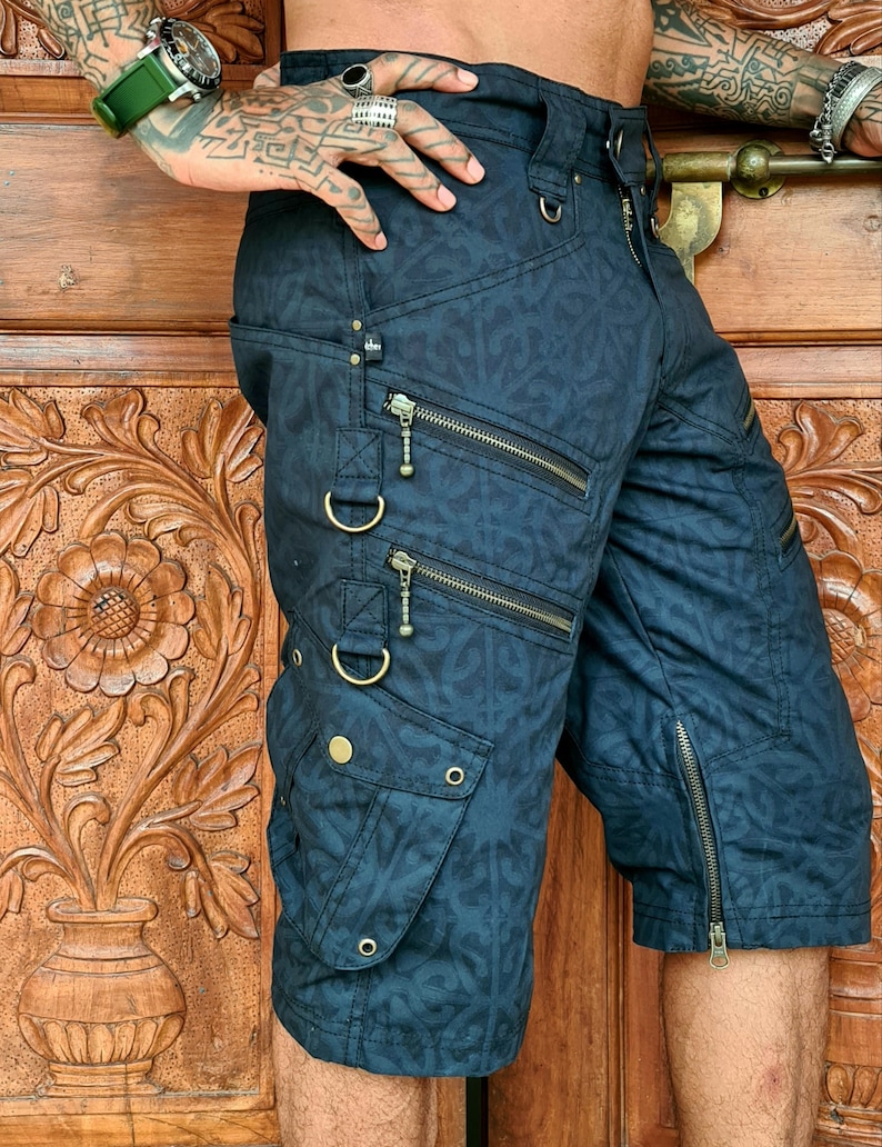 Skinner Men and women's cargo shorts, mens shorts, casual shorts with extra zips, steampunk, psytrance goa pants, wasteland weekend image 3