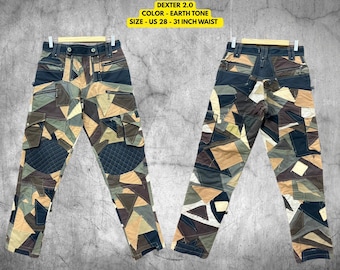 Patchwork Cotton Trousers – Earth Tone Biker Pants, 28-31 Inch Waist