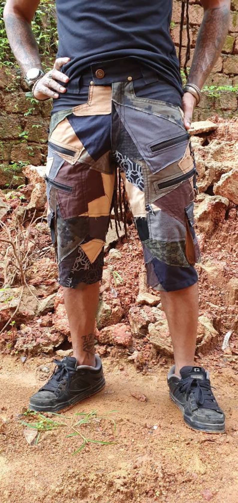 Skinner Men and women's cargo shorts, mens shorts, casual shorts with extra zips, steampunk, psytrance goa pants, wasteland weekend Junkyard Mix Colours