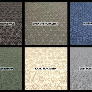 Puede incluir: Una cuadr&iacute;cula de seis muestras de tela con patrones geom&eacute;tricos. Las etiquetas dicen: Black Bornean Space, Dark Grey Circuitry, Blue Prismal, Green Followhand, Khaki Fractured y Grey Followglyph. Cada cuadrado muestra un color y un dise&ntilde;o repetitivo distinto.
