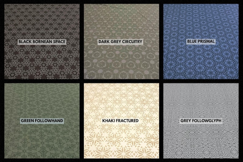 Puede incluir: Una cuadr&iacute;cula de seis muestras de tela con patrones geom&eacute;tricos. Las etiquetas dicen: Black Bornean Space, Dark Grey Circuitry, Blue Prismal, Green Followhand, Khaki Fractured y Grey Followglyph. Cada cuadrado muestra un color y un dise&ntilde;o repetitivo distinto.