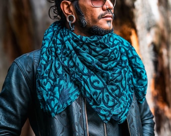Turquoise Wai- Geometric printed Exclusive limited edition bamboo scarf , unisex scarf, tattoo prints, spring clothing, festival scarves
