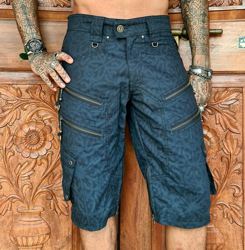 Skinner Men and women's cargo shorts, mens shorts, casual shorts with extra zips, steampunk, psytrance goa pants, wasteland weekend image 2