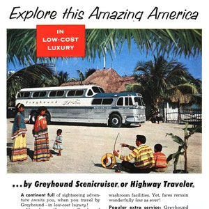 Cartel publicitario vintage de Greyhound Scenicruiser