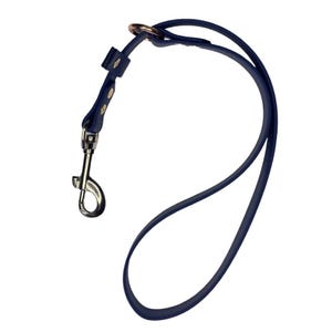 May include: A dark blue leather dog leash with a gold metal clip and two gold metal accents.