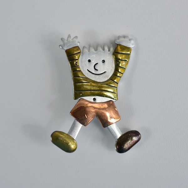 Vintage,Jumping Boy,Brooch,Happy Boy,Child Playing,Cookie Lee,Jewelry,Metal,Copper,Brass,Collectible