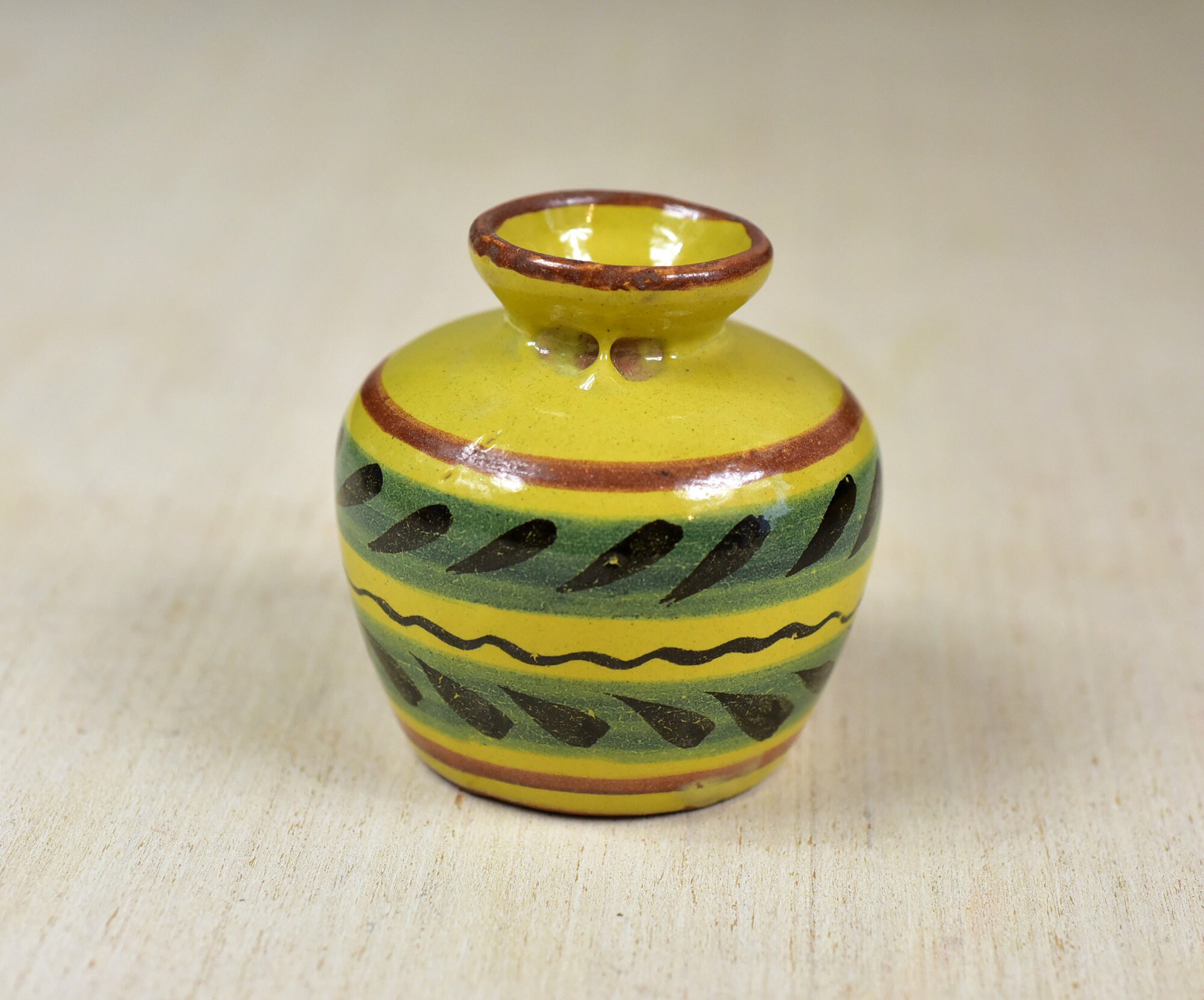 ヴィンテージ サイン入り メキシコ陶器 花瓶 イエロー アクア ブラック