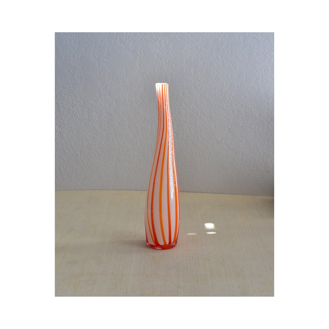 Vintage,art Glass,vase,bent Neck,white,red,orange,striped,tall,murano