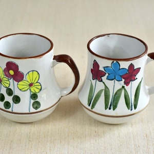 Vintage,Stoneware,Set Of 2,12 Oz, Coffee Mugs,Hand Painted,Blue,Red,Yellow,Flowers,Green Leaves,Brown,Cotc,Korea,Handles,Brown Rims