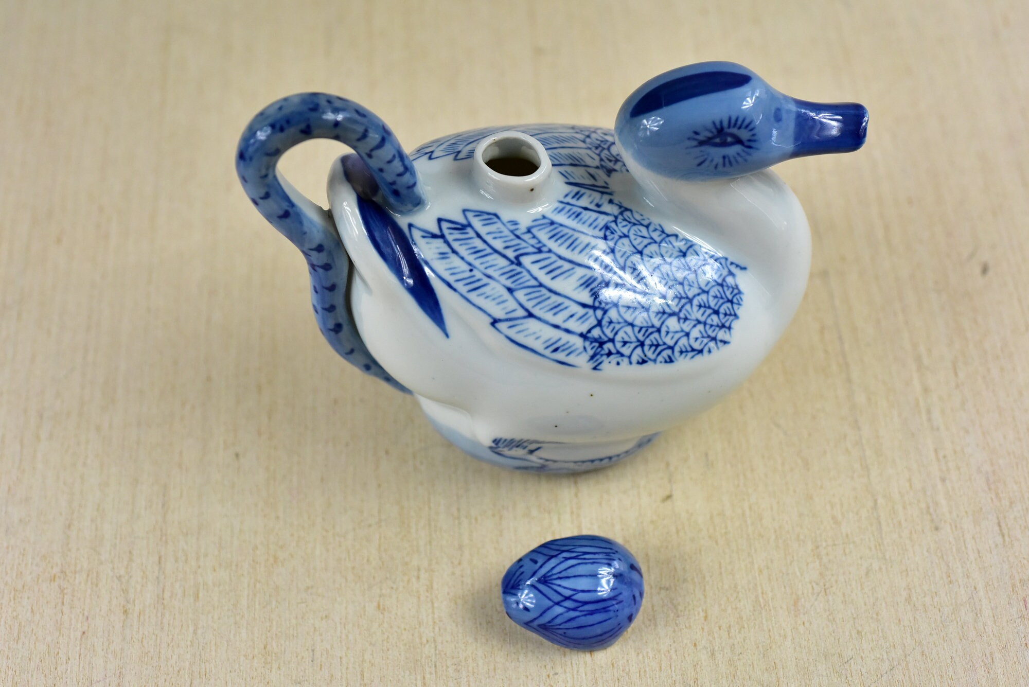 Vintage,white and Blue,duck Shaped,teapot,hand Painted,bird
