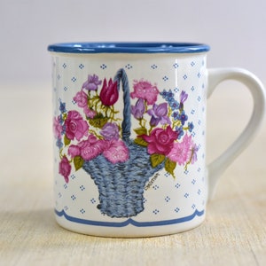 Vintage,Potpourri Press,Savannah,1988,Flower Basket,Coffee Mugs,Ceramic,Made in Korea,Pink roses,Blue,Collectible