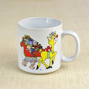 Vintage,ceramic,mug,coffee mug,Christmas mug,reindeer,Rudolph and sleigh,gifts,Made in Korea,COTC