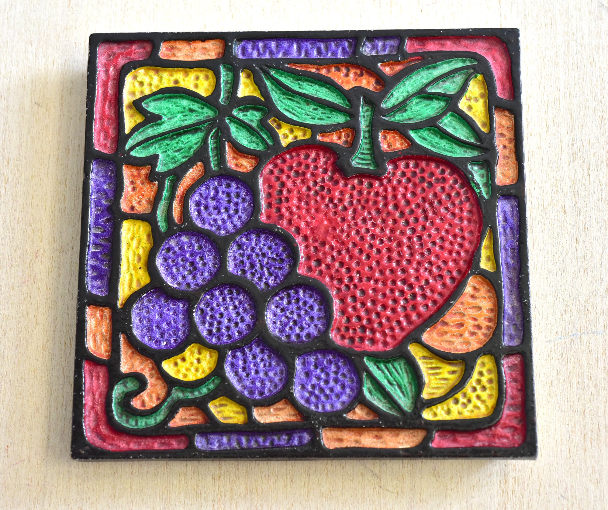 ヴィンテージ、アップル、ブドウ、五徳、鋳鉄、ホットプレートパッド