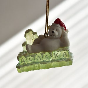 Vintage,Christmas ornament,Christmas decor,Polar bear,Santa hat,Alaska,A C E,Bear on Ice