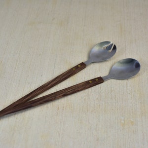 Vintage,Mid Century,Salad Serving,Spoons,Rose wood handle,Stainless steel,Contex,In original box,Japan,Collectible