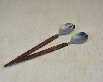 Vintage,Mid Century,Salad Serving,Spoons,Rose wood handle,Stainless steel,Contex,In original box,Japan,Collectible