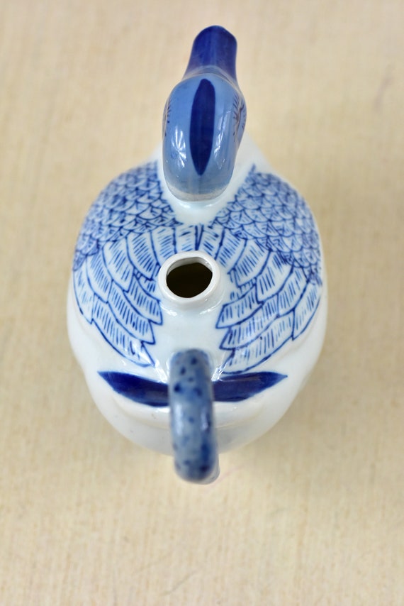 Vintage,white and Blue,duck Shaped,teapot,hand Painted,bird