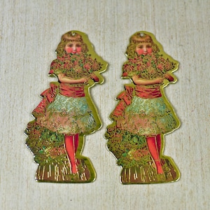 Wijnoogst,Kerstmis,Kerstversiering,Vakantieornament,Gestanst,Victoriaans,Kartonnen, Ornamenten,Dubbelzijdig,Kinderen,Meisjes,Bloemen,Set van 2