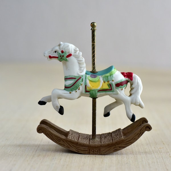 Vintage,Carousel,Rocking,Horse,Ceramic,Figurine,Galloping Horse,White Horse,Green Saddle,Brass pole,Plastic Stand,collectible,1991