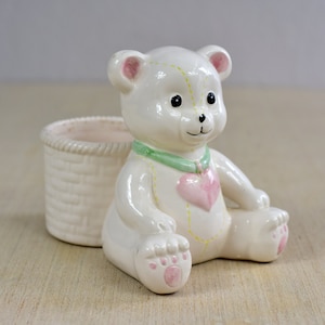 Vintage,Ceramic,Baby bear,Teddy bear,Planter,Heart,White,Pink,Green,Yellow,Gift,Collectible