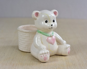 Vintage,Ceramic,Baby bear,Teddy bear,Planter,Heart,White,Pink,Green,Yellow,Gift,Collectible