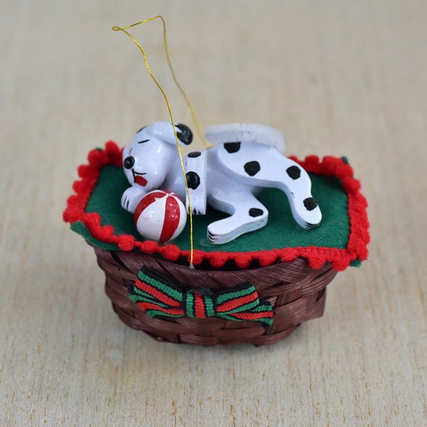 Vintage,Christmas ornament,Sleeping,Dalmatian,Dog,In a Christmas Basket,Wicker Basket,Dogs bed,Ball,Green,Red,Made in Taiwan,Collectible