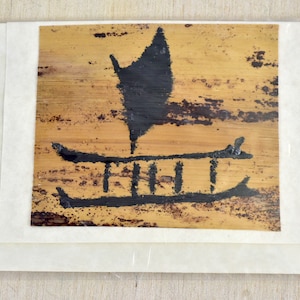 Vintage,Hawaiano,Corteccia di banana,Arte,Antico,Petroglifi hawaiani,Doppia canoa,Souvenir,Formato carta,Busta,Da collezione