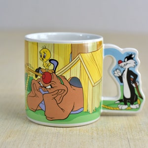 Vintage,1988,Looney Tunes,Tweety Bird,Sylvester Cat,Hector dog,Coffee mug,Three Cheers,From Applause,Warner Bros,Ceramic,Collectible