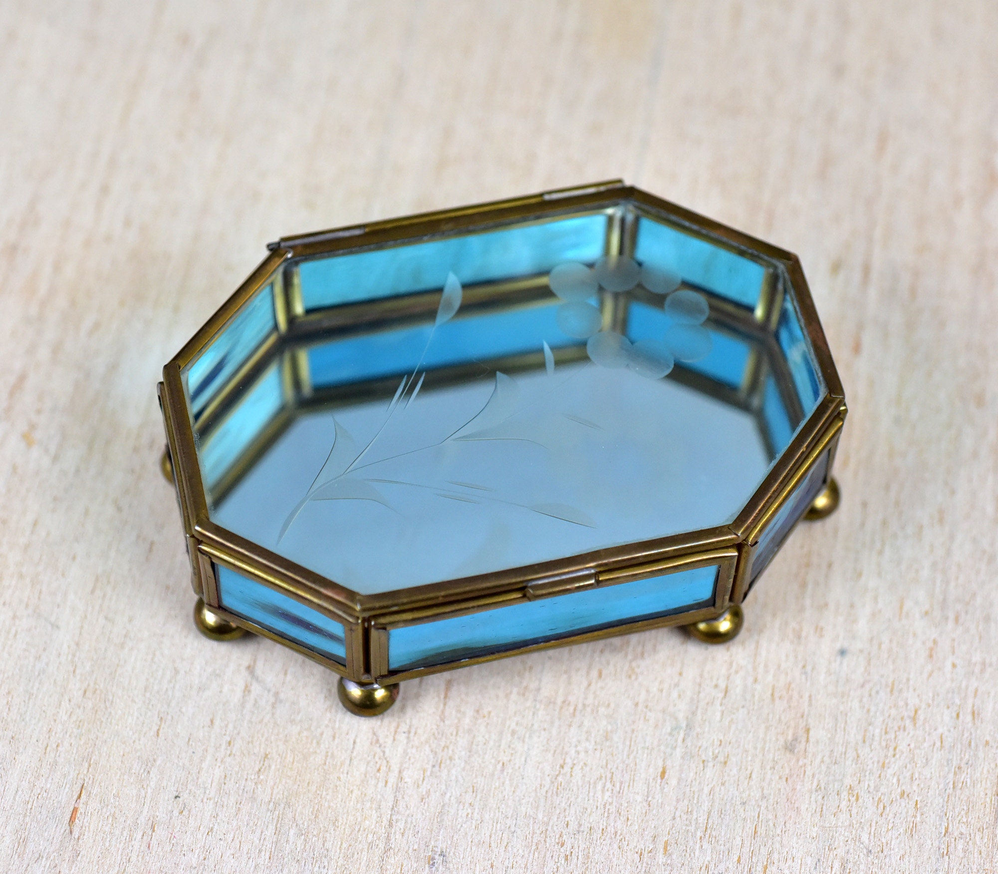 Vintage,eight-sided,mirrored,hinged,brass,blue,glass,trinket