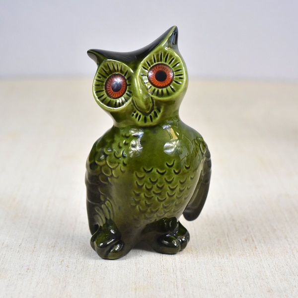 Vintage,Ceramic,Green,Owl,Figurine,Orange Eyes,by Roselane,California,collectible