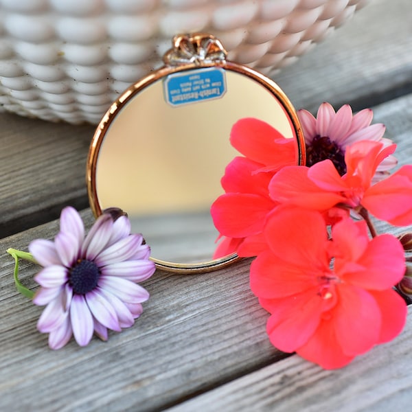 Vintage,Oneida,Magnifying,Compact,Mirror,Pink rose gold,Ropes and Bows,Silverplate,Pocket Mirror,Mini,Made in Japan