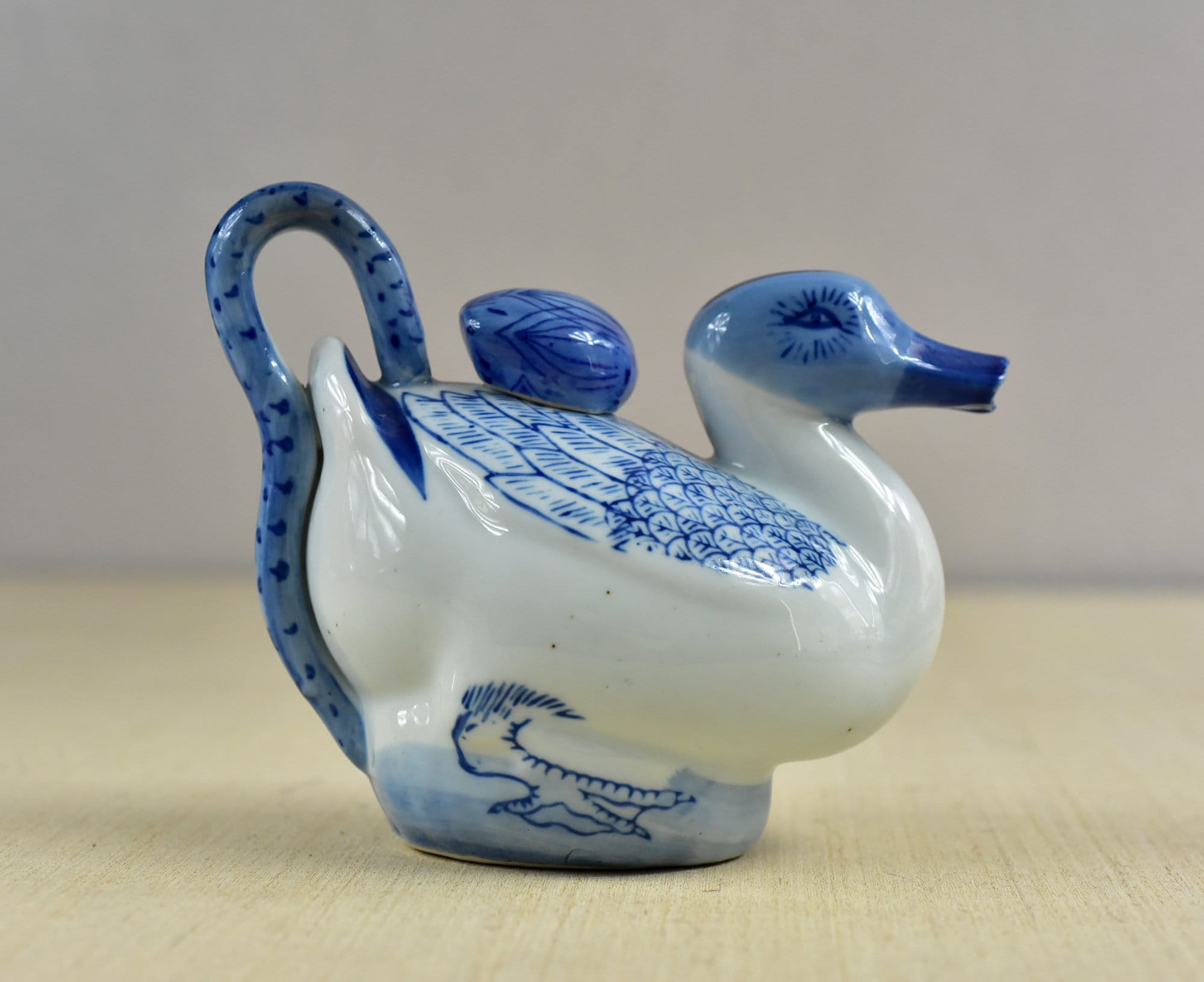 Vintage,white and Blue,duck Shaped,teapot,hand Painted,bird,tea