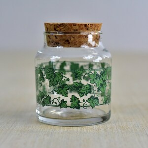 May include: A clear glass jar with a cork lid. The jar features a green ivy leaf pattern around the middle. The jar is sitting on a light-colored wooden surface. The jar is empty.