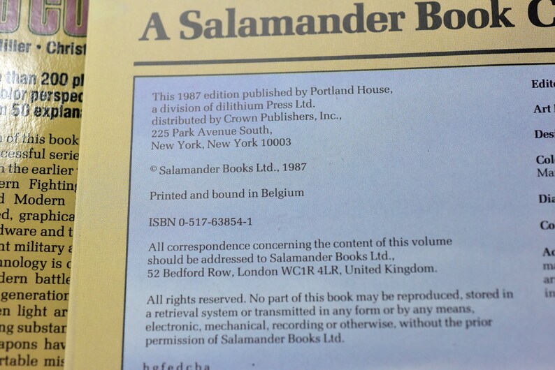 May include: A blue and white book cover with the title "A Salamander Book of Modern Fighting" and the text "This 1987 edition published by Portland House, a division of dilithium Press Ltd. distributed by Crown Publishers, Inc., 225 Park Avenue South, New York, New York 10003 Salamander Books Ltd., 1987 Printed and bound in Belgium ISBN 0-517-63854-1 All correspondence concerning the content of this volume should be addressed to Salamander Books Ltd.. 52 Bedford Row, London WC1R 4LR, United Kingdom. All rights reserved. No part of this book may be reproduced, stored in a retrieval system or transmitted in any form or by any means, electronic, mechanical, recording or otherwise, without the prior permission of Salamander Books Ltd."