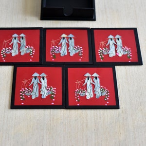 Vintage,Set of 5,Coaster&#39;s,Asian,Lacquered,Mother of Pearl,Pink flowers,Hand painted,Inlay,Geisha Girls,Collectible