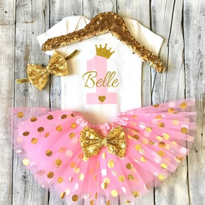 Baby Girl 1st birthday outfit, Pink and gold first birthday outfit, personalized pink gold tutu outfit, Cake smash outfit, Princess birthday