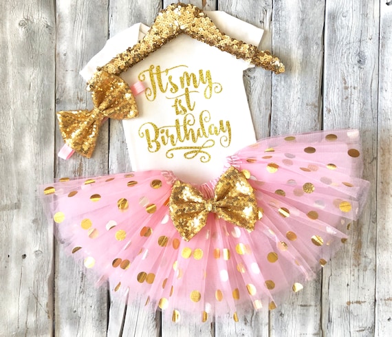 Light Pink Mint and Gold Birthday Outfit with Gold Bow Headband Baby Girl Pink Gold Birthday Outfit Pink Mint Gold Fabric Tutu