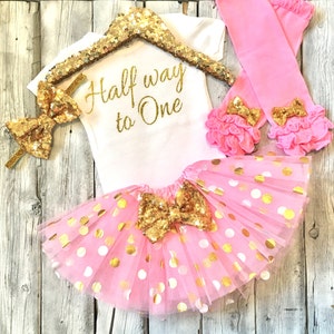 baby girl 6 month outfit, girls six month outfit, pink and gold six months, Halfway to one, six month bodysuit, 6 months tutu set
