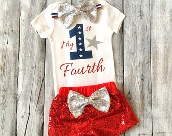 Baby girl first 4th of july outfit, baby girl fourth of July outfit, 1st fourth of july bodysuit, My first 4th of July, Red sequin shorts