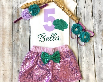 Mermaid 5th birthday outfit, mermaid fifth birthday outfit, mermaid 5th birthday shirt, teal and purple fifth birthday outfit, short