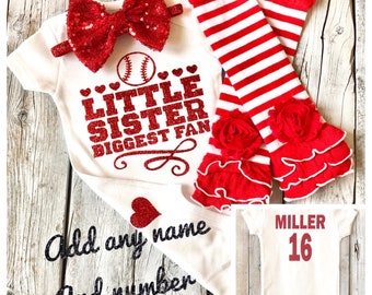 Little sister biggest fan baseball outfit, sister baseball bodysuit, baseball outfit, newborn girlsbaseball outfit, personalized soccer