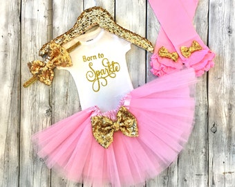 Baby girl born to sparkle outfit born to sparkle bodysuit gold glitter coming home outfit baby shower gift sparkling new born sparkle