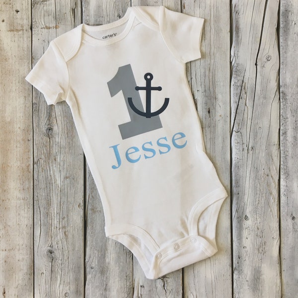 Boys anchor first birthday outfit, boys anchor birthday shirt, first birthday, nautical birthday, navy blue, light blue, gray, anchor shirt