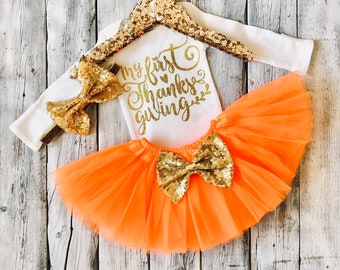 Baby girl first thanksgiving outfit, My 1st thanksgiving outfit, newborn thanksgiving, 1st thanksgiving outfit, orange gold, Baby girl tutu