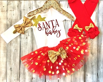 Girls christmas outfit, baby girl christmas, santa baby christmas outfit, santa baby, red and gold christmas outfit, newborn first christmas