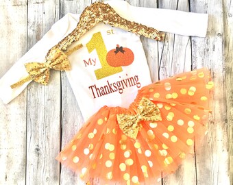 Baby girls first Thanksgiving outfit, girls 1st thanksgiving outfit, orange, gold, newborn first thanksgiving, girls thanksgiving outfit