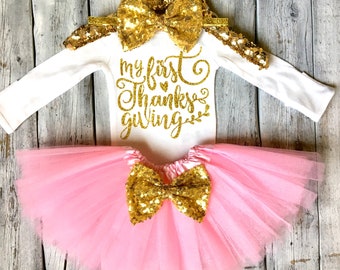 Baby girls first Thanksgiving outfit, girls 1st thanksgiving, pink and gold, newborn 1st thanksgiving, girls thanksgiving outfit