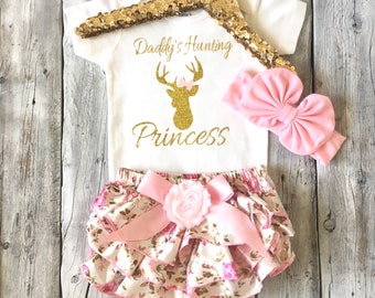 Baby girl hunting outfit daddys hunting princess pink and gold deer bodysuit fathers day gift, deer baby shower, gold glitter hunting outfit