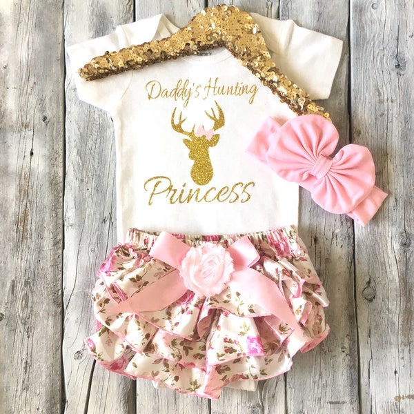 Baby girl hunting outfit daddys hunting princess pink and gold deer bodysuit fathers day gift, deer baby shower, gold glitter hunting outfit