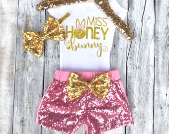 Miss honey bunny easter outfit, baby girl easter outfit, girls first easter outfit, sequin shorts, pink gold, 1st easter outfit girls, baby